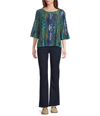 Intro Petite Size Soft Mesh Painted Ikat Print 3/4 Romantic Sleeve Top