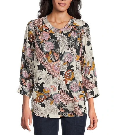 Intro Petite Size Soft Puckered Patch Floral Print Split Round V-Neck 3/4 Sleeve Button Front Shirt