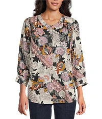 Intro Petite Size Soft Puckered Patch Floral Print Split Round V-Neck 3/4 Sleeve Button Front Shirt