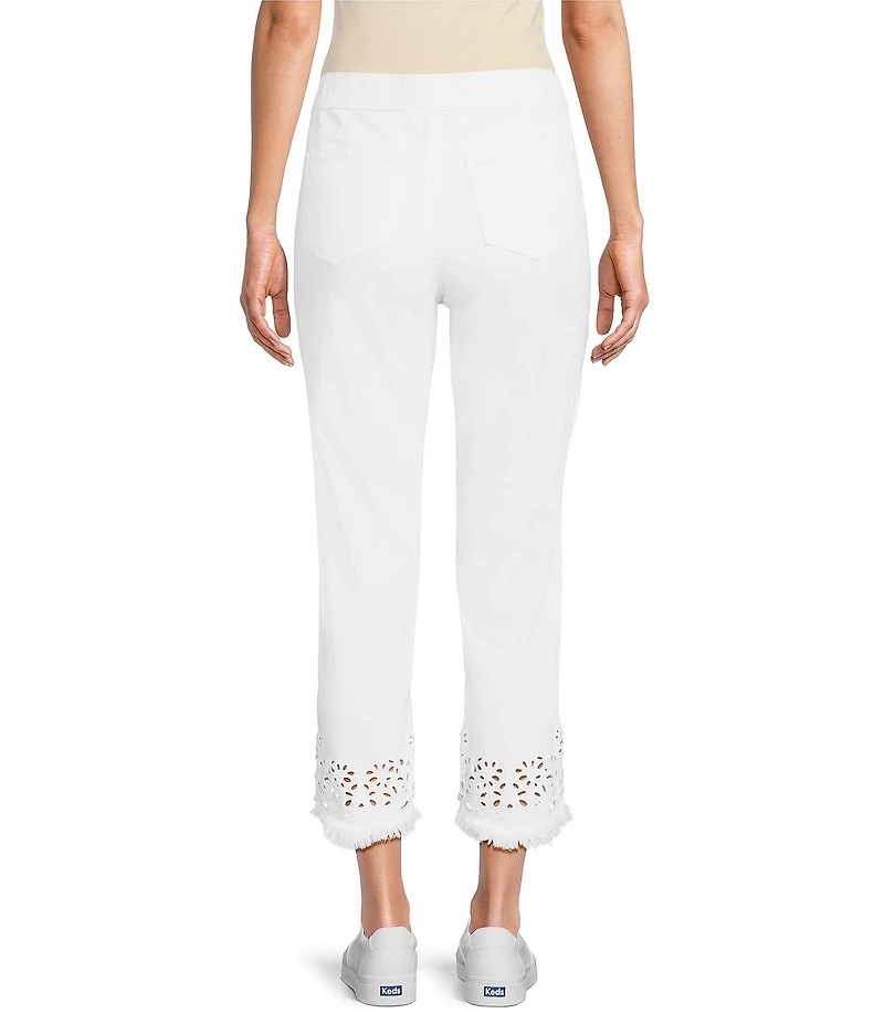 Intro Petite Size Straight Leg Tulip Eyelet Embroidered Frayed Hem Pull-On Ankle Pants