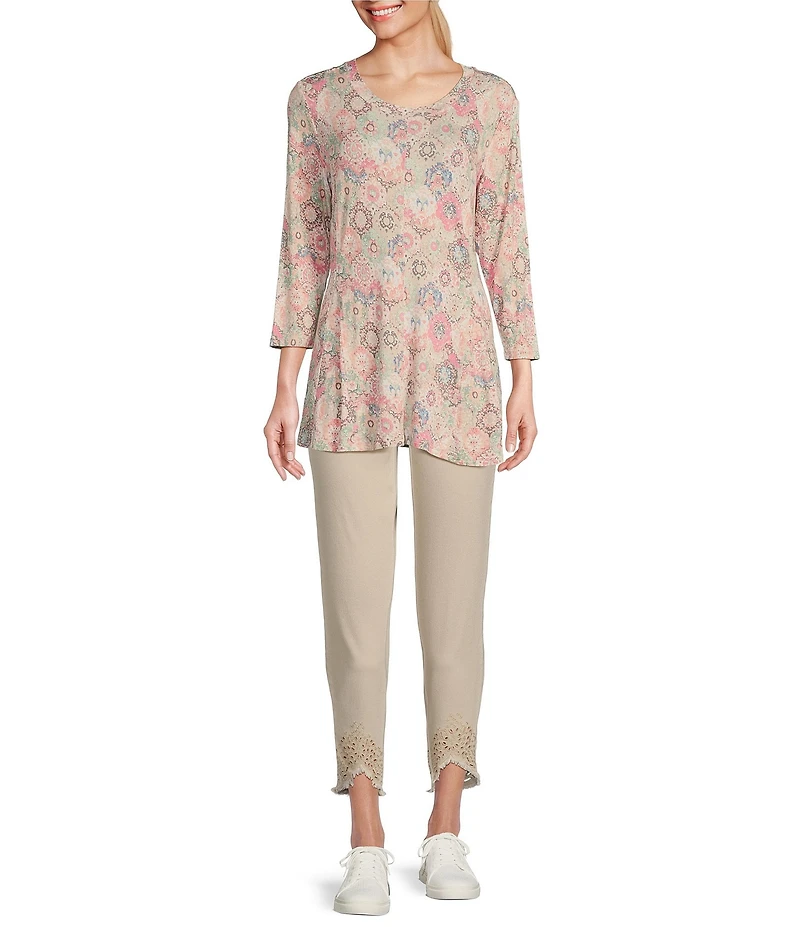 Intro Petite Size Straight Leg Tulip Eyelet Embroidered Frayed Hem Pull-On Ankle Pants