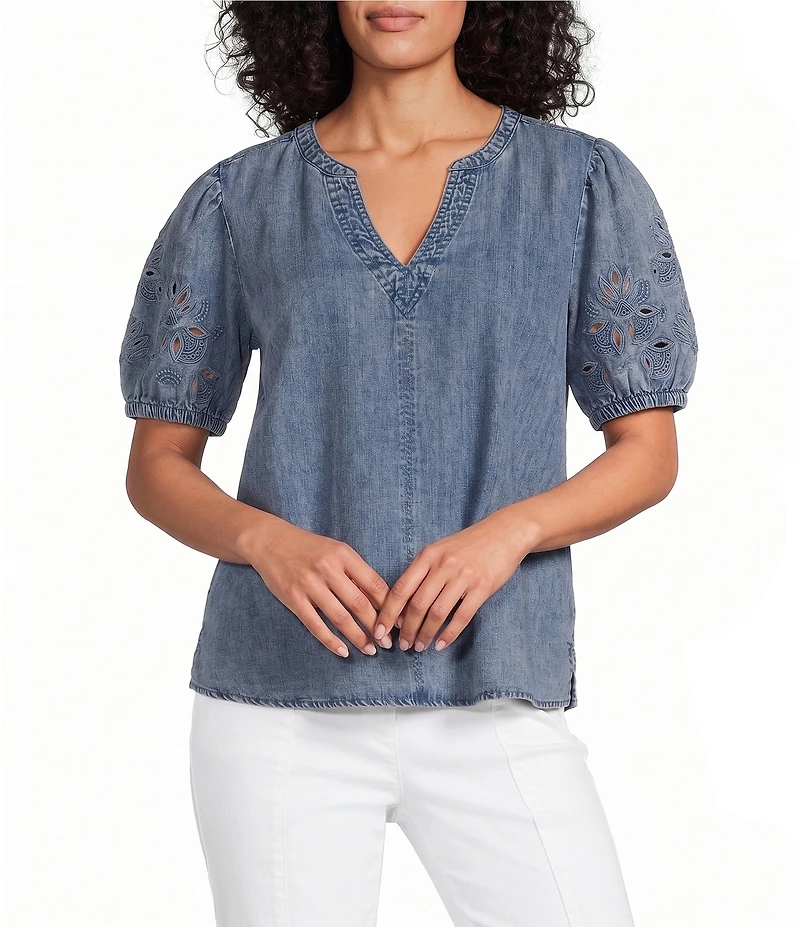 Intro Petite Size Split V-Neck Embroidered Elbow Puff Sleeve Denim Blouse