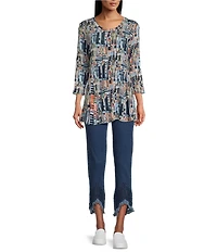 Intro Petite Size Denim Straight Leg Tulip Eyelet Embroidered Frayed Hem Pull-On Ankle Pants