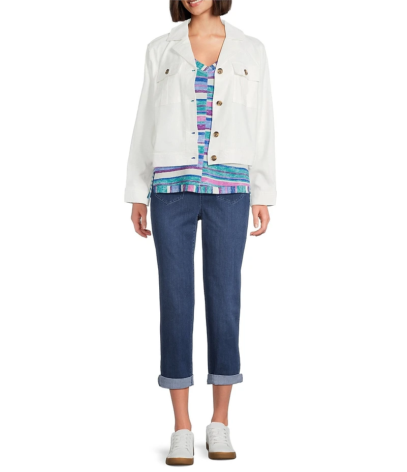 Intro Petite Size Stretch Slub Weave Notch Collar Long Sleeve Easy Fit Button-Front Jacket