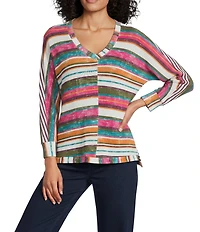 Intro Petite Size Stripe V-Neck 3/4 Sleeve Distressed Washed Knit Sweater