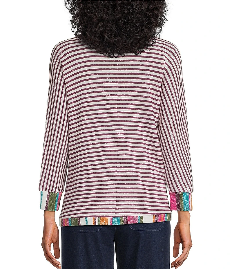 Intro Petite Size Stripe V-Neck 3/4 Sleeve Distressed Washed Knit Sweater