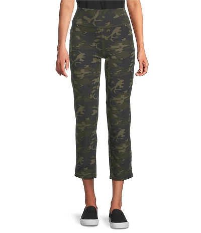 Intro Petite Size Suave Knit Teri Green Camo Printed Straight Leg Tummy Control Pull-On Pants