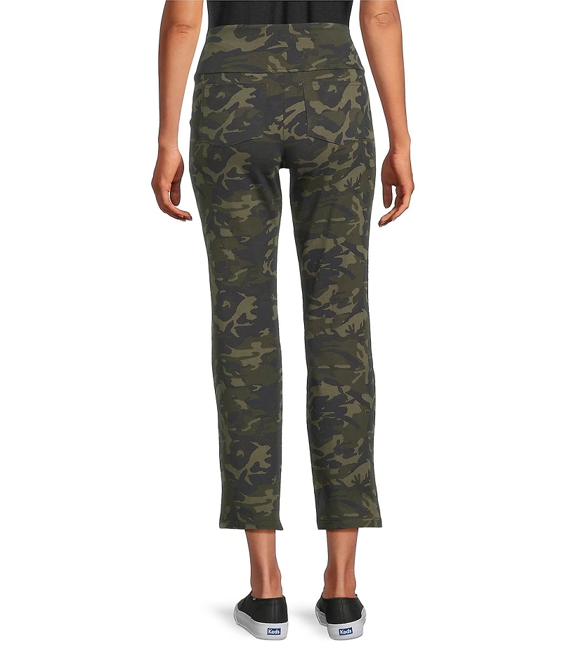 Intro Petite Size Suave Knit Teri Green Camo Printed Straight Leg Tummy Control Pull-On Pants