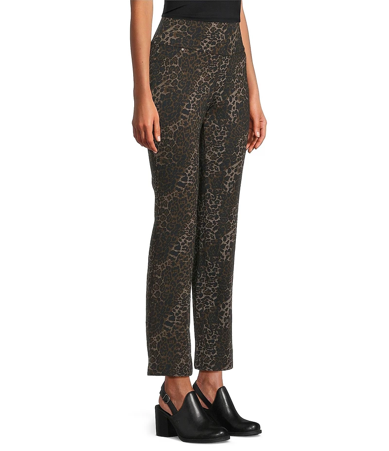 Intro Petite Size Suave Knit Teri Textured Animal Print Straight Leg Tummy Control Pull-On Pants