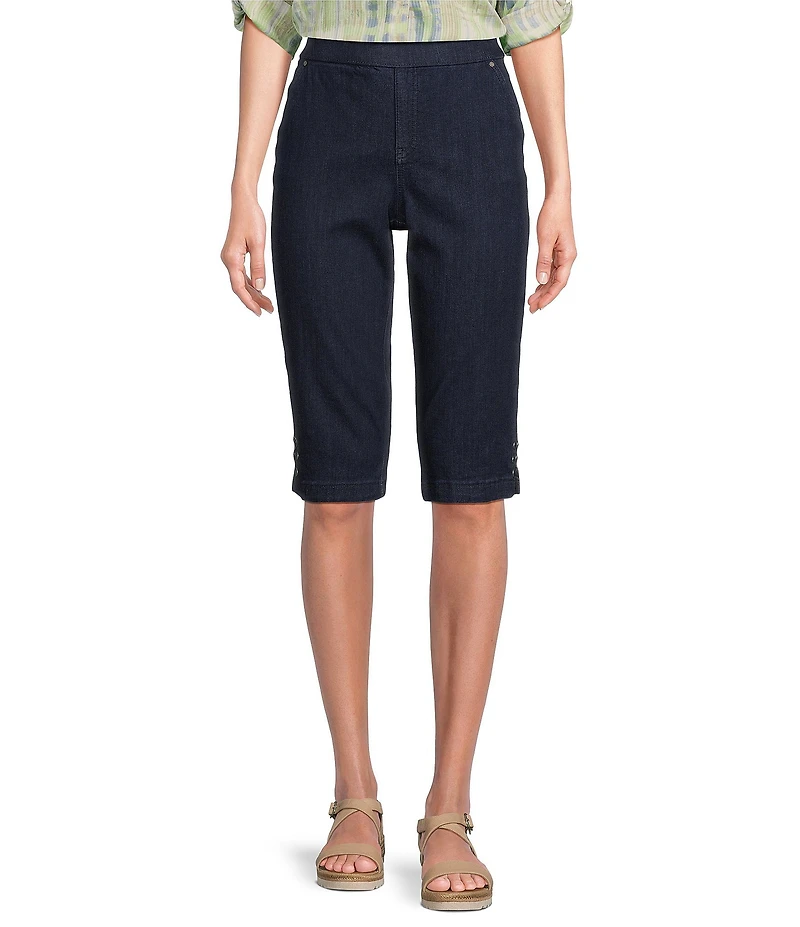 Intro Petite Size Tummy Control Grommet Tab Hem Denim Pull-On Bermuda Shorts