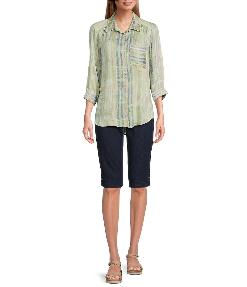 Intro Petite Size Tummy Control Grommet Tab Hem Denim Pull-On Bermuda Shorts