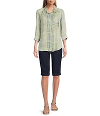 Intro Petite Size Tummy Control Grommet Tab Hem Denim Pull-On Bermuda Shorts