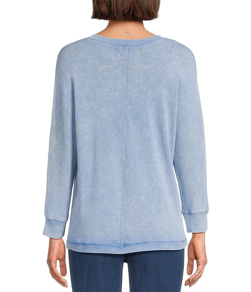 Intro Petite Size V-Neck 3/4 Sleeve Washed Knit Sweater