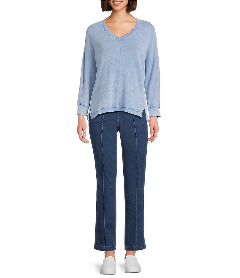 Intro Petite Size V-Neck 3/4 Sleeve Washed Knit Sweater