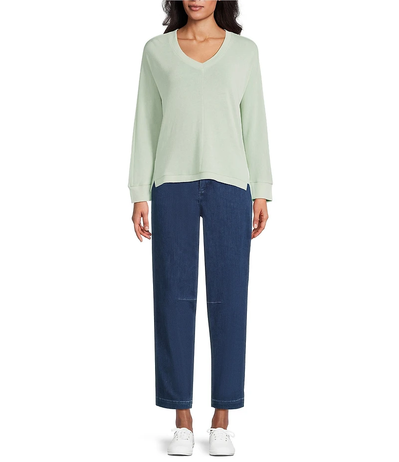 Intro Petite Size V-Neck 3/4 Sleeve Washed Knit Sweater