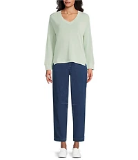 Intro Petite Size V-Neck 3/4 Sleeve Washed Knit Sweater