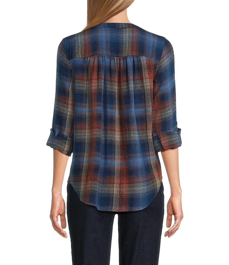 Intro Petite Size Woven Blue Quartz Band V-Neck Long Roll-Tab Sleeve Button Front Blouse
