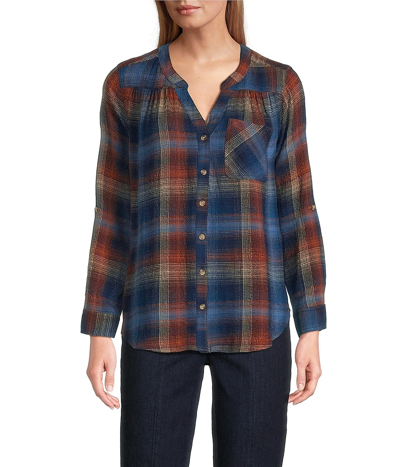 Intro Petite Size Woven Blue Quartz Band V-Neck Long Roll-Tab Sleeve Button Front Blouse