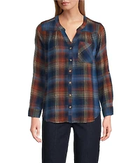 Intro Petite Size Woven Blue Quartz Band V-Neck Long Roll-Tab Sleeve Button Front Blouse