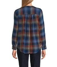 Intro Petite Size Woven Blue Quartz Band V-Neck Long Roll-Tab Sleeve Button Front Blouse