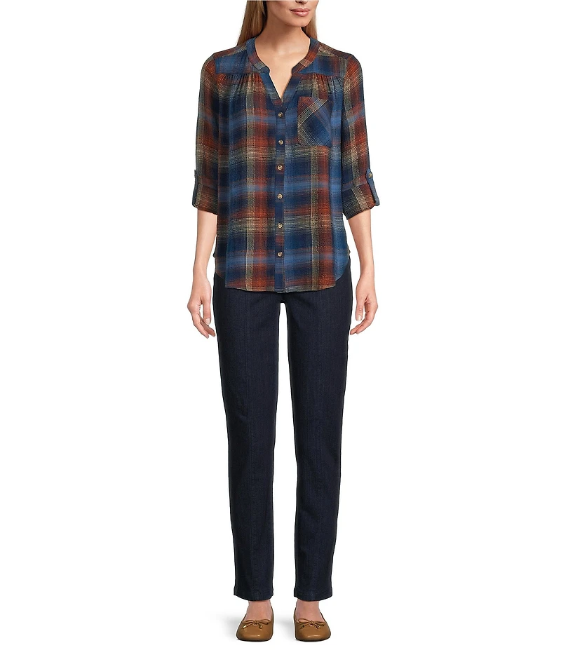 Intro Petite Size Woven Blue Quartz Band V-Neck Long Roll-Tab Sleeve Button Front Blouse