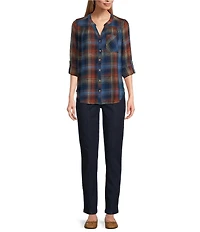 Intro Petite Size Woven Blue Quartz Band V-Neck Long Roll-Tab Sleeve Button Front Blouse