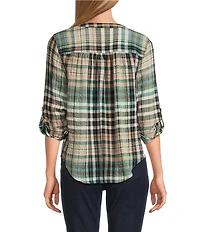 Intro Petite Size Woven Cubb Band V-Neck Long Roll-Tab Sleeve Button Front Blouse