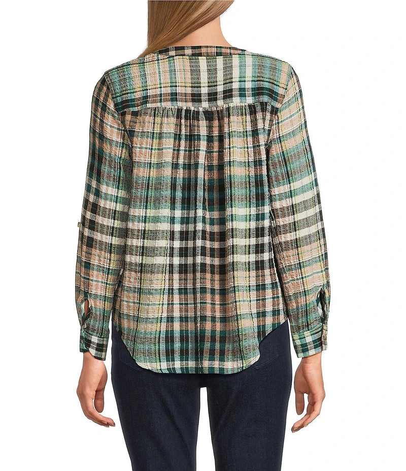 Intro Petite Size Woven Cubb Band V-Neck Long Roll-Tab Sleeve Button Front Blouse