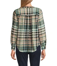Intro Petite Size Woven Cubb Band V-Neck Long Roll-Tab Sleeve Button Front Blouse
