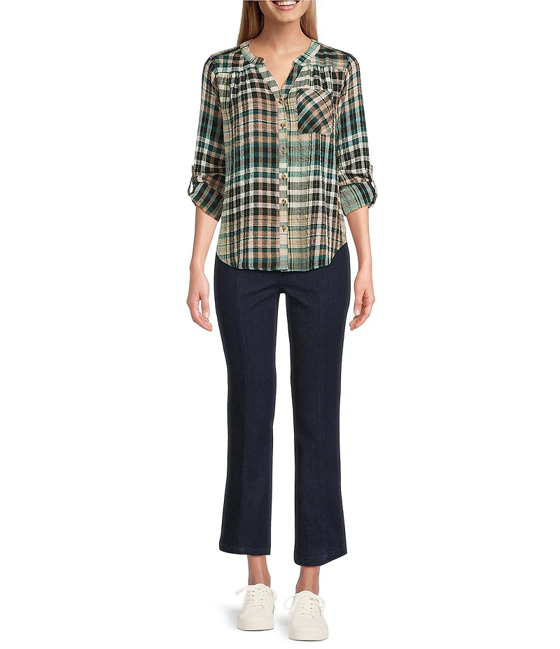 Intro Petite Size Woven Cubb Band V-Neck Long Roll-Tab Sleeve Button Front Blouse