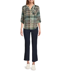Intro Petite Size Woven Cubb Band V-Neck Long Roll-Tab Sleeve Button Front Blouse