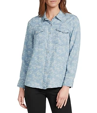 Intro Petite Size Woven Ditsy Print Point Collar Long Sleeve Snap Front Western Shirt