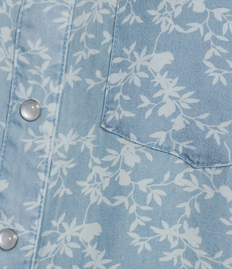 Intro Petite Size Woven Ditsy Print Point Collar Long Sleeve Snap Front Western Shirt