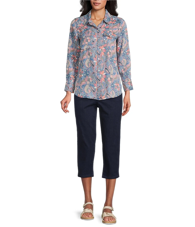 Intro Petite Size Woven Floral Point Collar Long Sleeve Western Shirt