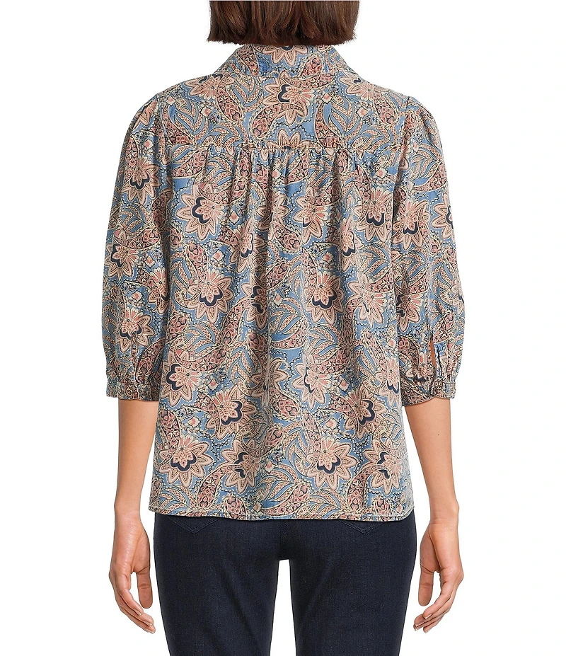 Intro Petite Size Woven Floral Printed Point Collar Long Sleeve Button Front Placket Blouse