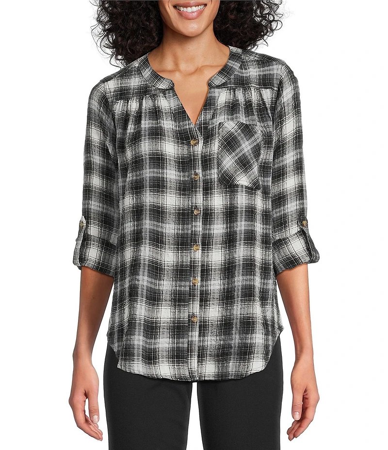 Intro Petite Size Woven New Natural Pearl Band V-Neck Long Roll-Tab Sleeve Button-Front Blouse