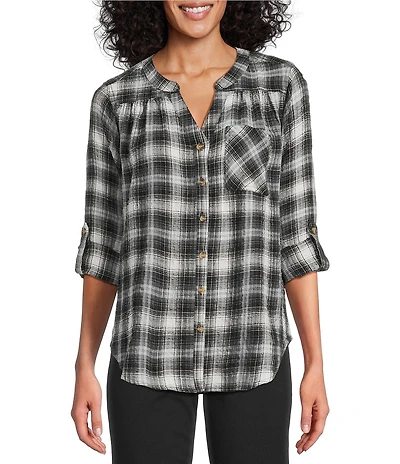 Intro Petite Size Woven New Natural Pearl Band V-Neck Long Roll-Tab Sleeve Button-Front Blouse