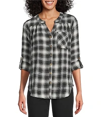 Intro Petite Size Woven New Natural Pearl Band V-Neck Long Roll-Tab Sleeve Button-Front Blouse