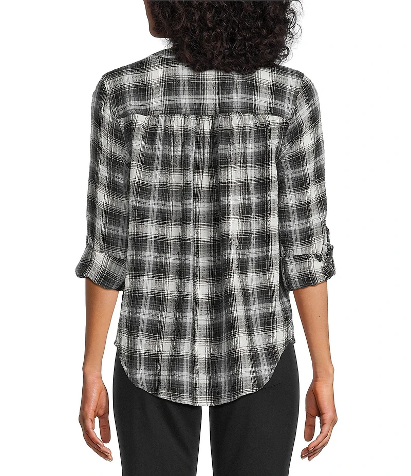 Intro Petite Size Woven New Natural Pearl Band V-Neck Long Roll-Tab Sleeve Button-Front Blouse