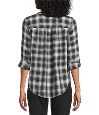 Intro Petite Size Woven New Natural Pearl Band V-Neck Long Roll-Tab Sleeve Button-Front Blouse