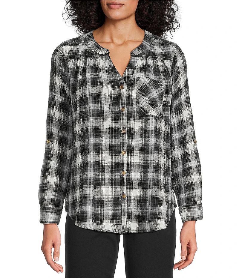Intro Petite Size Woven New Natural Pearl Band V-Neck Long Roll-Tab Sleeve Button-Front Blouse