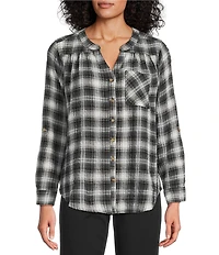 Intro Petite Size Woven New Natural Pearl Band V-Neck Long Roll-Tab Sleeve Button-Front Blouse