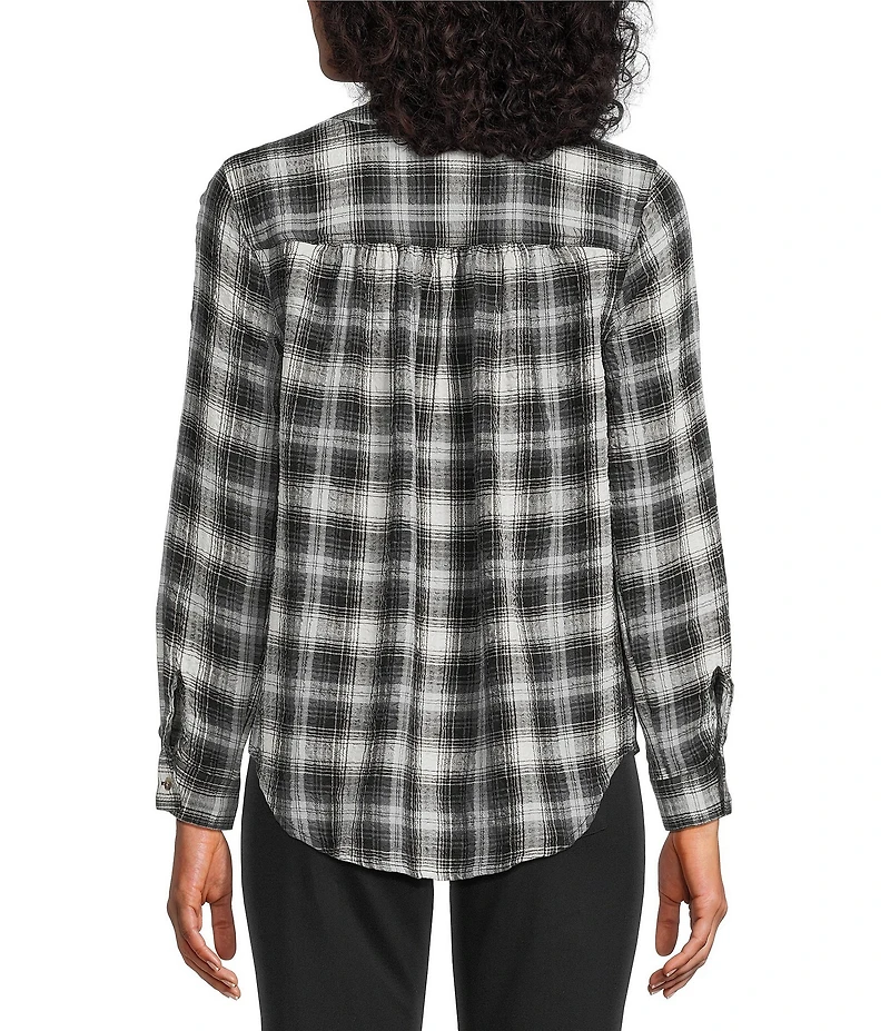 Intro Petite Size Woven New Natural Pearl Band V-Neck Long Roll-Tab Sleeve Button-Front Blouse