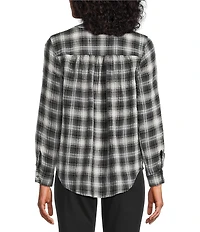 Intro Petite Size Woven New Natural Pearl Band V-Neck Long Roll-Tab Sleeve Button-Front Blouse