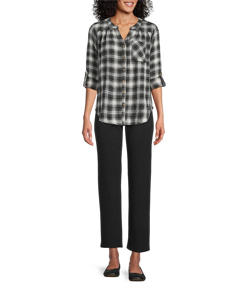 Intro Petite Size Woven New Natural Pearl Band V-Neck Long Roll-Tab Sleeve Button-Front Blouse