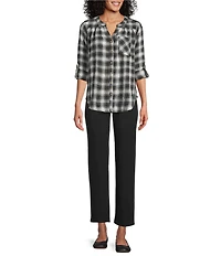 Intro Petite Size Woven New Natural Pearl Band V-Neck Long Roll-Tab Sleeve Button-Front Blouse