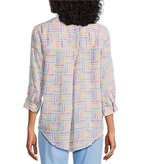 Intro Petite Size Woven Orchid Bouquet Split V-Neck 3/4 Roll-Tab Sleeve Button Front Shirt