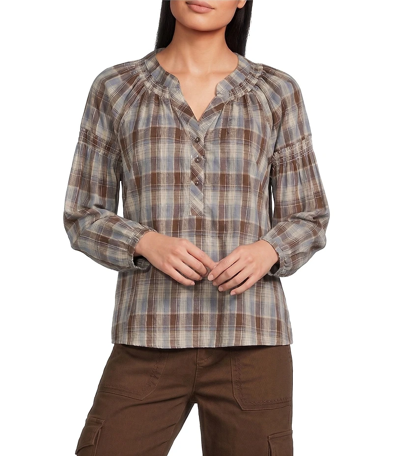 Intro Petite Size Woven Plaid Y-Neck Long Sleeve Top