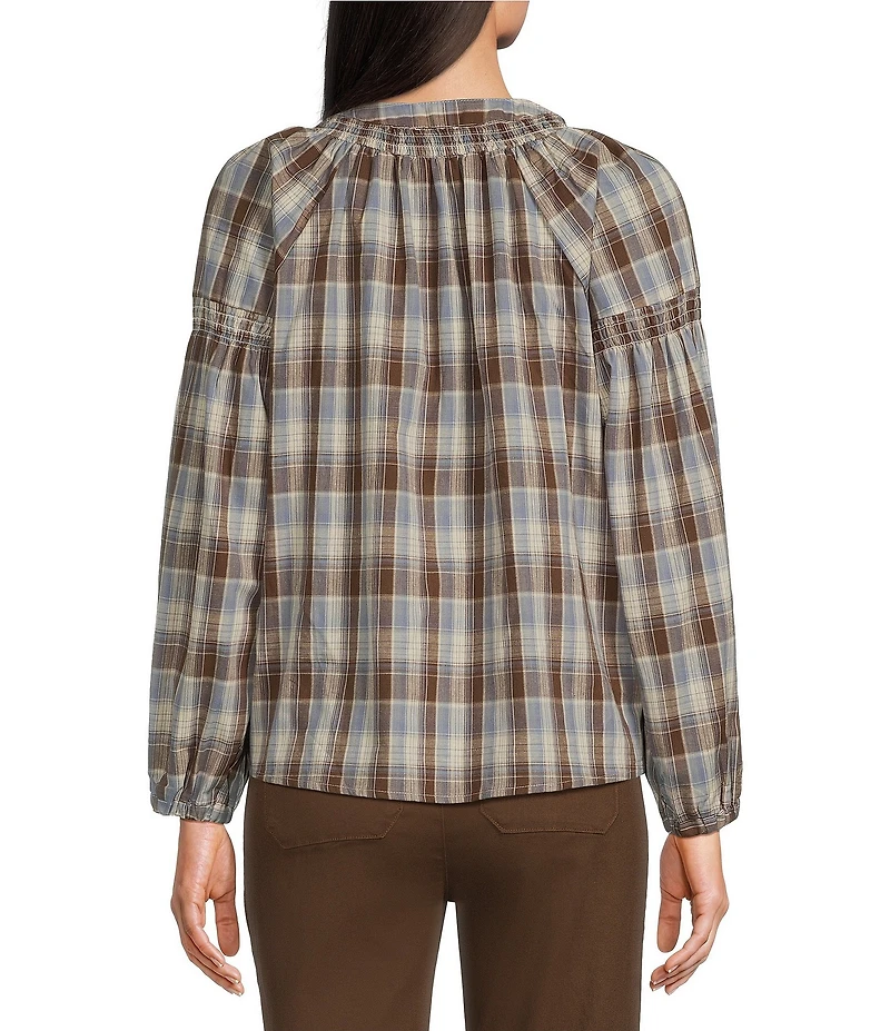 Intro Petite Size Woven Plaid Y-Neck Long Sleeve Top