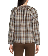 Intro Petite Size Woven Plaid Y-Neck Long Sleeve Top